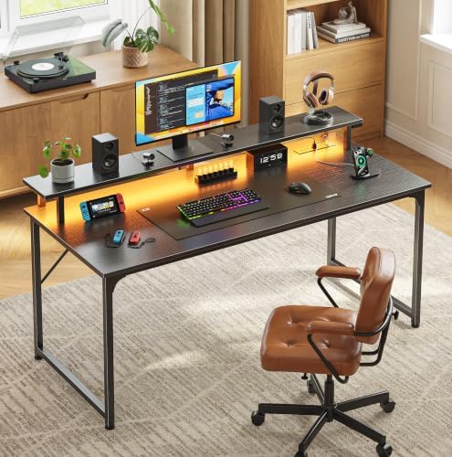 PRAISUN 48 inch Gaming Desk, LED & Power Outlets, Monitor Stand, Black - Image 2