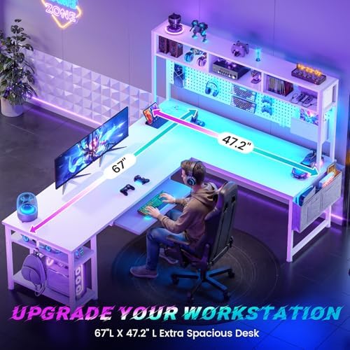 SEDETA White L Shaped Gaming Desk with Hutch, Power Outlet and Pegboard - Image 5