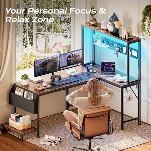 PRAISUN L Shaped Gaming Desk with LED Lights & Power Outlets - Image 6