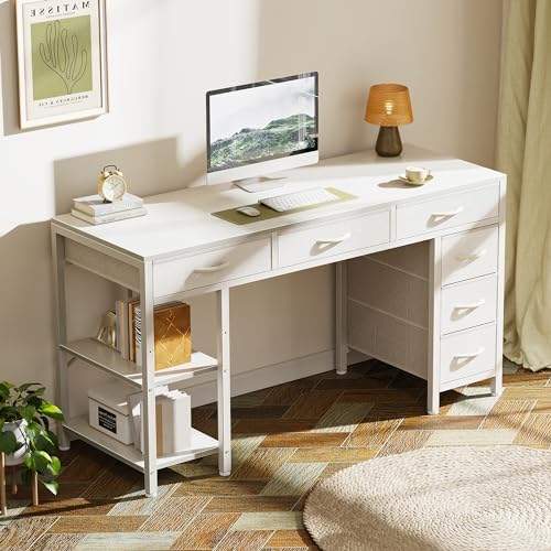 Huuger Computer Desk with 6 Drawers, Office Desk with Shelves, Reversible Gaming Desk, Corner Desk with Storage, Work for Home Office, Study, Living Room, 47inch, White - Image 7
