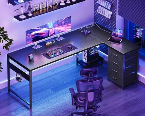 AODK 67" L Shaped Gaming Desk with 4 Drawers and Power Outlets, Black - Image 2