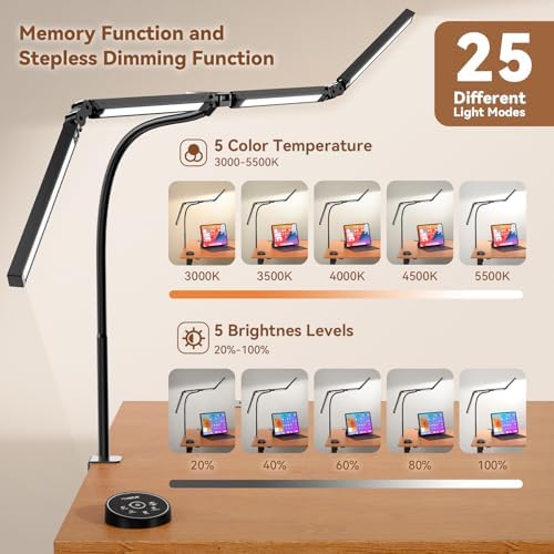 Pzloz Led Desk Lamps for Home Office - Eye Caring Architect Lamp with Clamp, Double Head Computer Monitor Work Desk Light with Remote Control: 24W Flexible Dimmable Desktop Table Lamp - Image 6
