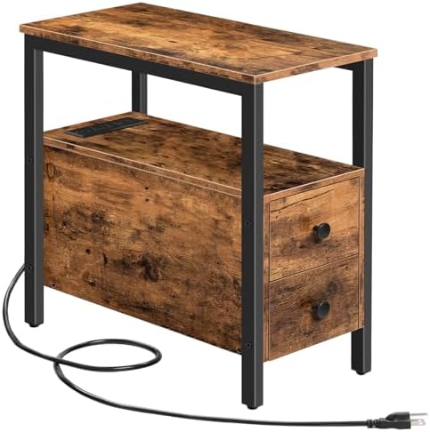 HOOBRO End Table with Charging Station, Narrow Side Table with 2 Drawer & USB Ports & Power Outlets, Nightstand for Small Spaces, for Living Room, Bedroom, Rustic Brown and Black BF541BZ01 by HOOBRO