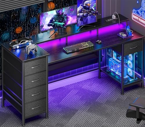 Korfile 61 Inch Gaming Computer Desk with Power Outlets,LED,5 Drawers,Black by Korfile
