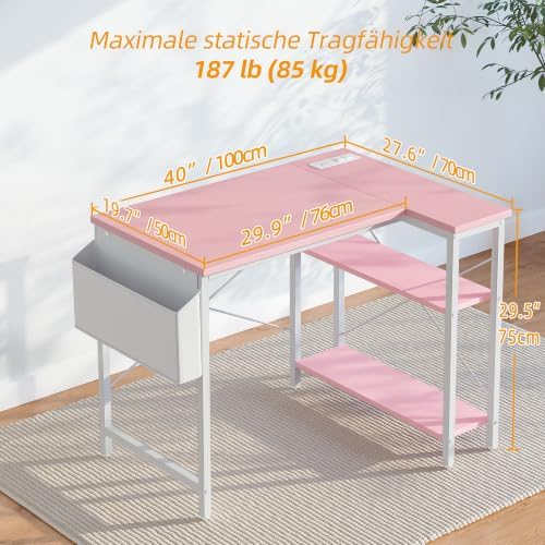 TIQLAB L Shaped Computer Desk with Power Outlets, 40 Inch Small Corner Desk with Reversible Shelves, Gaming Desk Computer Table Study Writing Table for Home Office Bedroom Small Space, Pink - Image 3