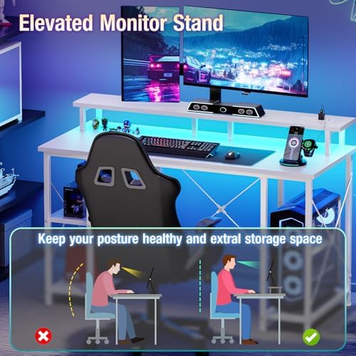DUMOS 47” Gaming Desk with USB Charging Ports & LED Lights, White - Image 6