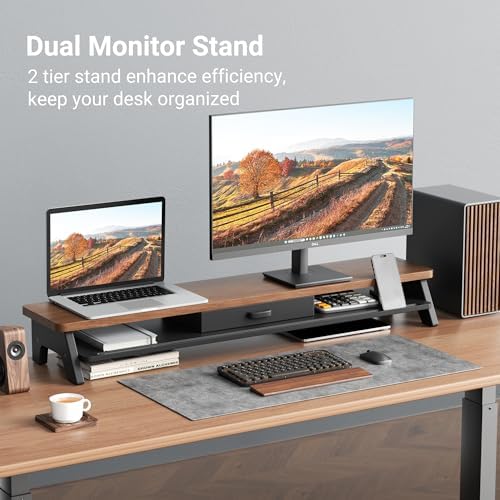 AFOOYO Dual Monitor Stand Riser,LED 2-Tier 39.3 Inch Computer Monitor Stand for 2 Monitors,Office Desktop Organizer with Storage Drawer and Phone Holder for Laptop,PC,Computer,Printer,Walnut - Image 2