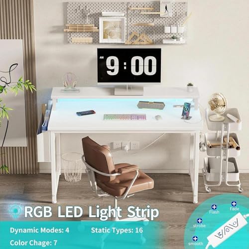 Lufeiya Small White Desk with LED Lights and Power Outlets, 32 Inch Home Office Computer Desks with Monitor Stand, Teen Writing Study Table Gaming Desk with Charging Station, White - Image 4
