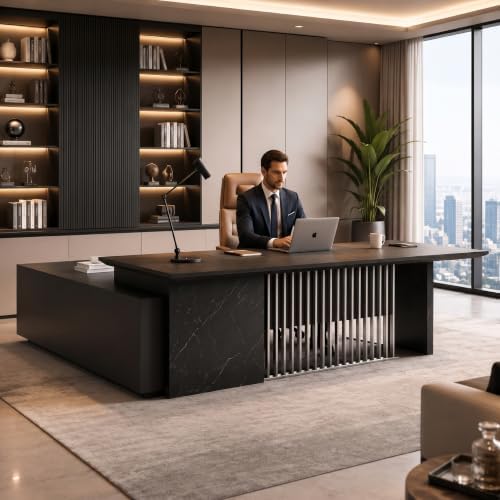 86.6” Luxury Executive Desk, L Shaped Office Desk with Storage & Wireless Charging, Marble Texture Modern CEO Desk with 304 Stainless Steel Grille, for CEO Office & Designer Home Office (Right) - Image 3