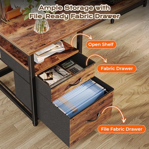 PRAISUN 55 Inch L Shaped Desk with Power Outlets and USB-C Port, Computer Corner Home Office Desk with File Fabric Drawers and Movable Monitor Stand, Larger Storage for Gaming, Study, Rustic Brown - Image 5