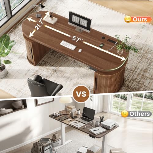 SEDETA 57" Standing Desk with Storage, Electric Height Adjustable Executive Fluted Desk with Curved Cabinets, Computer Desk with Power Strip for Home Office, Brown - Image 5