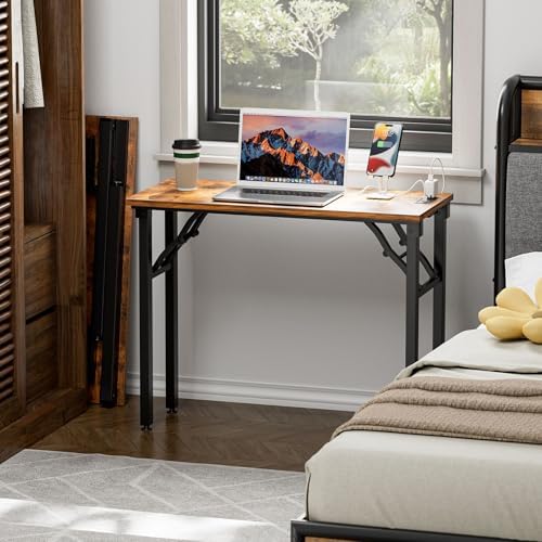 TEMI Small Computer Desk Folding Table - No Assembly, Compact 35.8" Foldable Desk with Power Outlets & USB Charging Port, Portable Small Office Desk, Ideal Mini Study Table for Narrow Spaces, Brown - Image 2