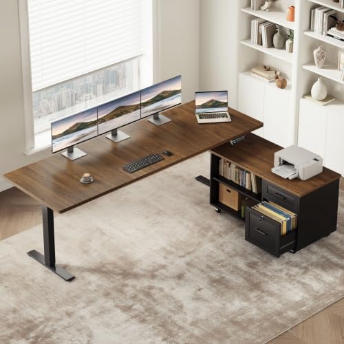 OffiGo 71" L Shaped Electric Standing Desk with Cabinet Sets, Walnut/Black by OfficeGo-ForHomeOfficeWork