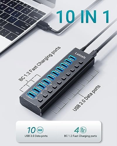Powered USB Hub 3.0, Leinsis 10-Port USB 3.0 Hub [Durable Aluminum] 10 Data Transfer Ports+ 4 Smart Charging Ports with Individual On/Off Switches, USB Hub 3.0 Powered with Power Adapter for Laptop PC - Image 2