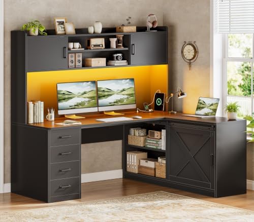SEDETA Farmhouse L Shaped Gaming Desk, 55” Corner Computer Desk with Storage Drawers and Hutch, Corner Gaming Desk with LED Light and Power Outlet for Home Office, Black - Image 3