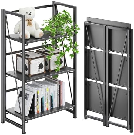 4NM No Assembly Folding Bookshelf Storage Shelves 3 Tier Vintage Bookcase Standing Racks Study Organizer Home Office by 4NM