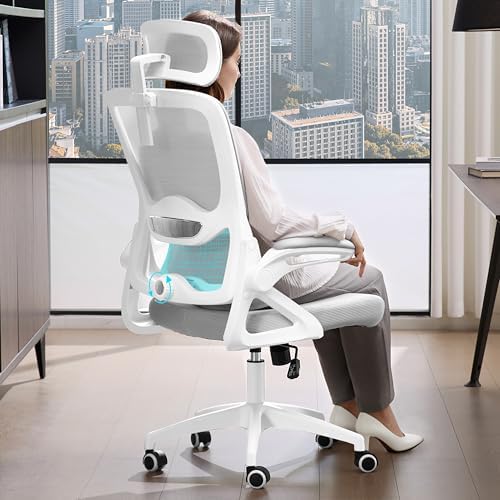Ergonomic Office Chair,Mesh Office Chair with Lumbar Support,High Back Desk Chair with Flip-up Arms,400 lbs Big and Tall Computer Chair with Headrest,Comfy Desk Chairs (Light Grey) by NexthroOfficeChair