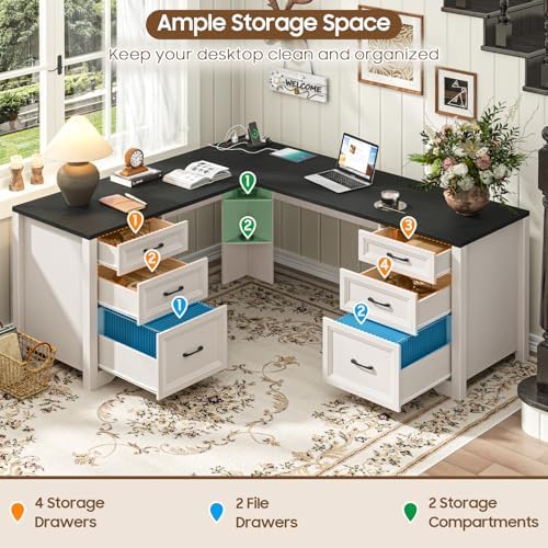 Vabches Wood L Shaped Executive Desk with 6 Drawers, Farmhouse Home Office Desk with Power Outlets and Triangle Under-Desk Storage Shelf & Drawer File Cabinet, Corner Computer Desk, Black - Image 3