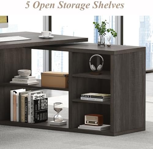 HSH L Shaped Computer Desk, Rustic Wood Corner Desk, Dark Gray Oak, 55 inch - Image 3