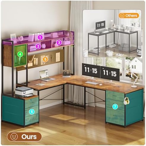SEDETA Reversible L Shaped Gaming Desk with 6 Drawers, Hutch, Led Lights - Image 4