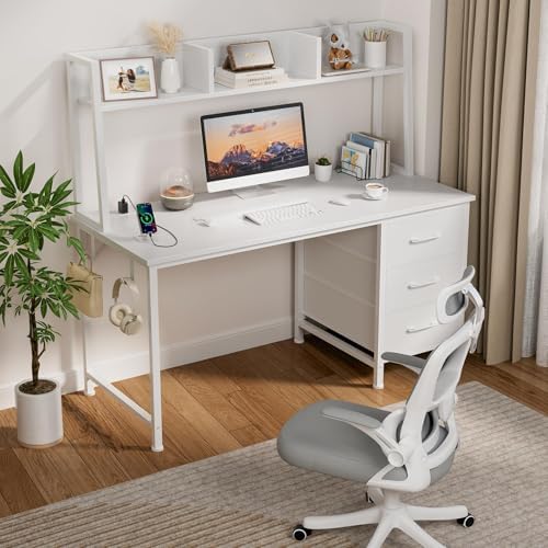 DLisiting White Computer Desk with Hutch & Drawers - 47 Inch Modern Study Writing Office Desk with 3 Storage Drawers and Power Outlets for Bedroom Home Office - Image 2