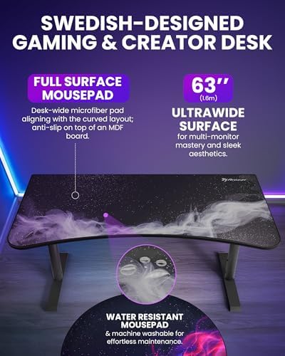 Arozzi Arena Special Edition Ultrawide Curved Gaming and Office Desk with Full Surface Water Resistant Desk Mat Custom Monitor Mount Cable Management Cut Outs - Gunmetal Galaxy - Image 4