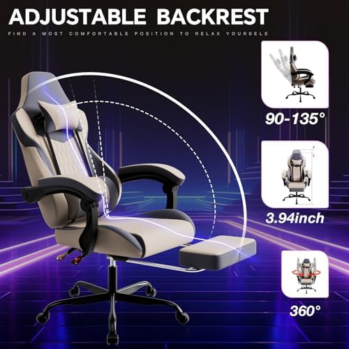 Gaming Chair with Footrest, High Back Gaming Chairs Leather Ergonomic Gamer Chair with Adjustable Headrest Lumbar Support Racing Style Video Gaming Chair for Office/Home (Grey) - Image 4