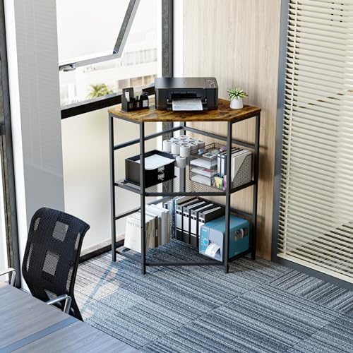 EasyCom Corner Printer Stand with Charging Station, Adjustable Height Storage Shelf for CPU Shredder, Triangle Corner Table for Small Space Office Living Room-Rustic Brown - Image 2