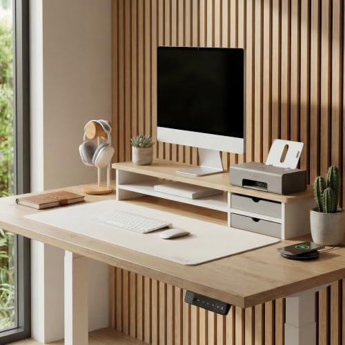 Fenge Monitor Stand, Desk Computer Riser with Frosted Storage Drawer, Oak - Image 6