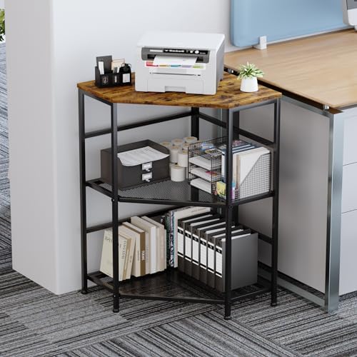 EasyCom Corner Printer Stand with Charging Station, Adjustable Height Storage Shelf for CPU Shredder, Triangle Corner Table for Small Space Office Living Room-Rustic Brown by EasyCom