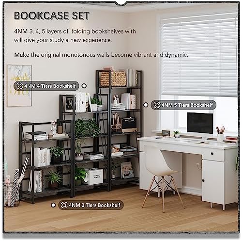 4NM No Assembly Folding Bookshelf Storage Shelves 4 Tier Vintage Bookcase Standing Racks Study Organizer Home Office - Image 6