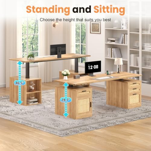 60" Rattan Electric Standing Desk with Drawers for Home Office, Oak - Image 4