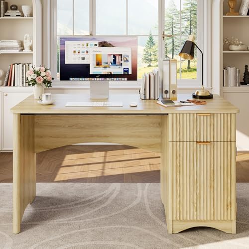 Bestier 47 inch Fluted Computer Desk with Drawer, Office Desk with File Cabinet, Modern Wood Desk with Storage Cabinet for Home Office Bedroom Study, Natural Oak by Bestier