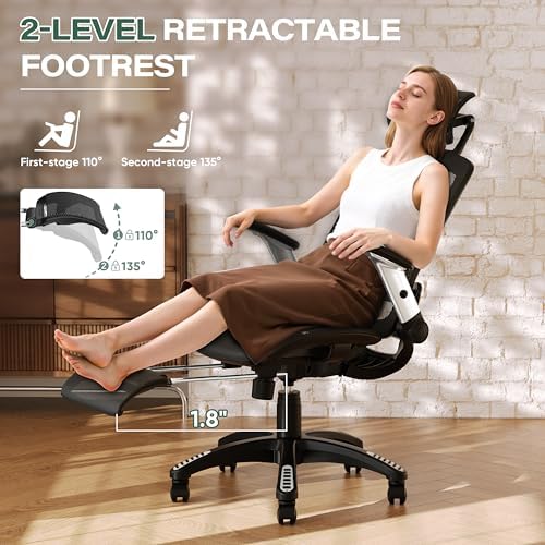GABRYLLY Ergonomic Office Chair, High Back Home Desk Chair with Footrest,3D Headrest, Flip-Up Arms, 135° Tilt and Wide Cushion, Heavy Duty Mesh Chairs for Task Computer Gaming, Black - Image 4