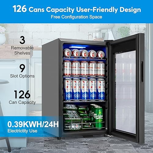 FoMup Beverage Refrigerator 17 inch Wide - 126 Can Beverage Cooler with Glass Door | Counter-Top/Freestanding Mini Beverage Beer Fridge | Temperature Memory | Invisible Door | Perfect for Soda,Beer - Image 7