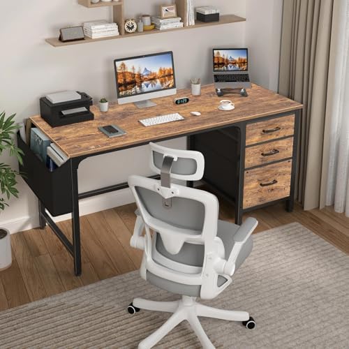 Lufeiya Computer Desk with Fabric File Drawers Cabinet, 55 Inch Reversible Home Office Desks with Filing Cabinet for Small Space, Study Writing Table PC Desks with Storage for Bedroom, Rustic Brown - Image 2