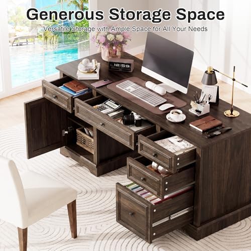 Vipbear 60" Farmhouse Executive Office Desk with Drawers and File Cabinet, Embossed Texture Wood Home Office Desk, Rustic Computer Desk, Workspace for Work Study Writing, Brown - Image 3