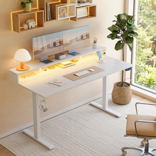 Klicelor Electric Standing Desk with Shelf, 63 Inch Height Adjustable Desk with Power Outlets & LED, Sit Stand Up Table with Monitor Stand, Computer Workstation for Home Office, White - Image 2