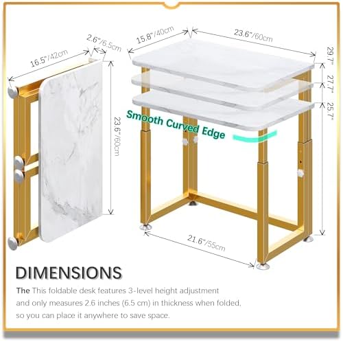 4NM No Tool Assembly 23.6" Small Desk, Folding Portable Desk with Wheels, Adjustable Height Foldable Computer Home Office Desks, Collapsible Study Writing Table for Space Saving Bedroom - White Gold - Image 2