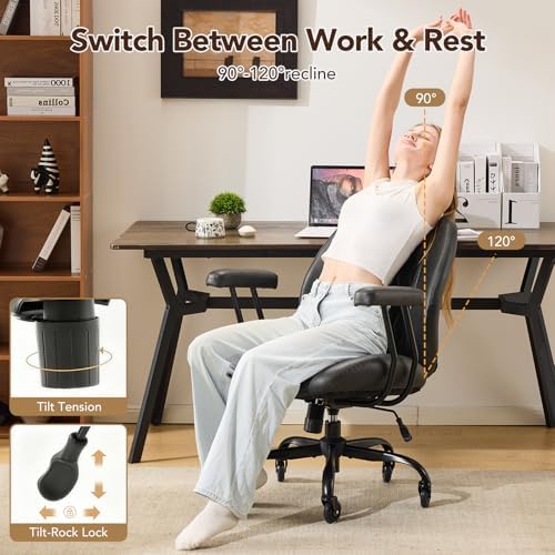 YFO Home Office Desk Chair Office Rubber Casters Ergonomic Computer Chair with Lumbar Support Adjustable Height Rolling Swivel Executive Task Armrests Chair， Black PU - Image 3