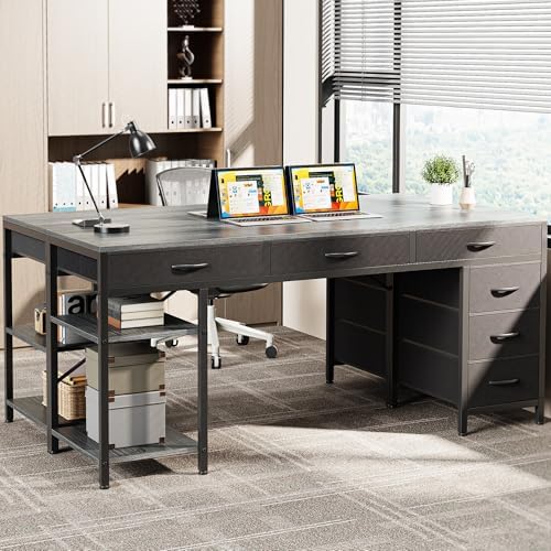 Huuger Computer Desk with 6 Drawers, Office Desk with Shelves, Reversible Gaming Desk, Corner Desk with Storage, Work for Home Office, Study, Living Room, 63inch, Grey - Image 2