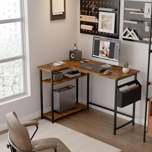 Pamray 40 Inch L Shaped Computer Desk with Reversible Side Storage Shelves, Small Corner Desk for Small Space Home Office, Writing Study Table PC Desk for Bedroom, Vintage - Image 2