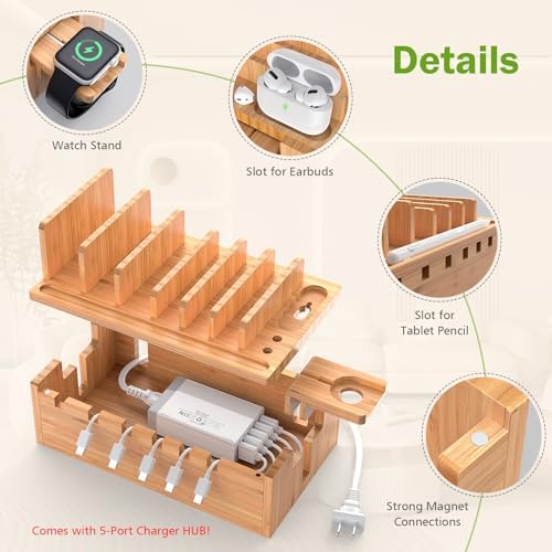 Pezin & Hulin Bamboo Charging Station with 5-Port USB & 5 Cables - Image 2