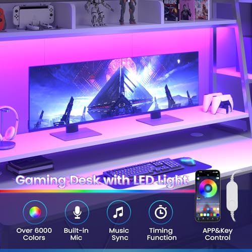 SEDETA 79'' Gaming Desk with LED Lights, Hutch and Storage Shelves, White - Image 6