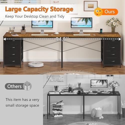 95" 2 Person Desk with 8 Fabric Drawers for Home Office, Living Room - Image 6