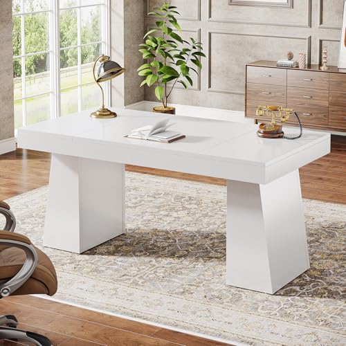 Tribesigns 55 Inches Executive Desk, Mid-Century Modern Home Office Desk, Wood Computer Table Business Workstation Small Conference Table, White - Image 7