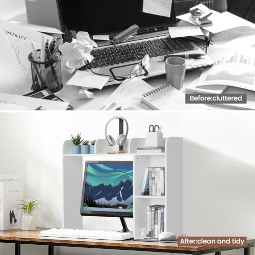 Desk Hutch Dorm White, 3-Tire Wood Desk Shelf Storage Organizer for Office Home - Image 5