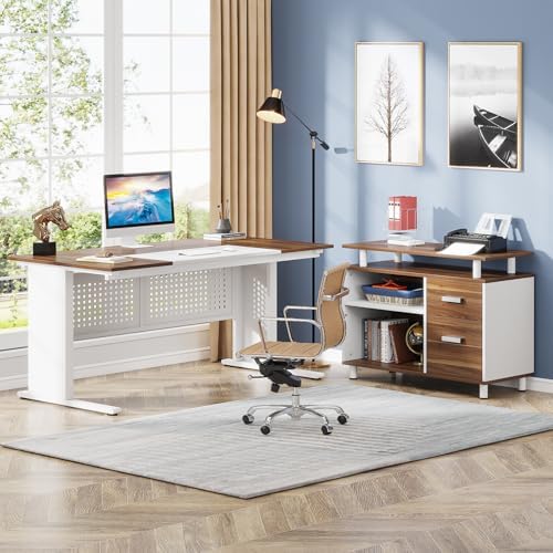Tribesigns 63 Inch Executive Desk with File Cabinet, L Shaped Office Desk with Drawers and Storage Shelves, Business Furniture Set Workstation for Home Office, White and Walnut - Image 3