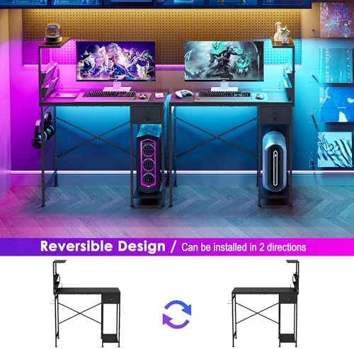 33.7 Inch Small Gaming Desk Table with LED Lights & Power Outlets, Compact L Shaped Gaming Computer Desk with CPU Stand, Drawer & Storage, Corner PC Desk for Kids, Home Office , Bedroom, Black - Image 3