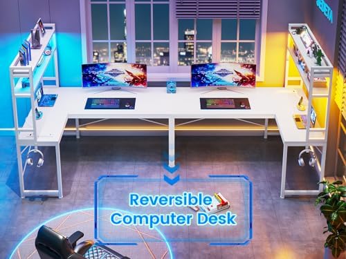 SEDETA White Corner Desk, Reversible 45.3” Small Computer Desk with Power Outlet and LED Lights, Corner Computer Desk with Hutch, Storage Shelves and Hooks for Small Space - Image 3